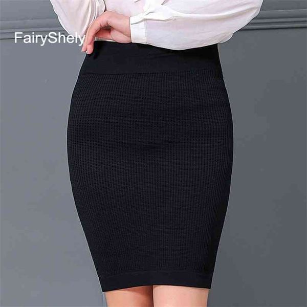 FairyShely Frauen Büro Rock Herbst Winter Sexy Warme Gestrickte Schwarz Bleistift Röcke Damen Kurze Rote Hohe Taille Mini Rock 210412