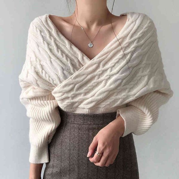 

sweaters elegant knitwear pullovers v-neck cross office lady autumn winter knitted casual sweater solid loose, White;black