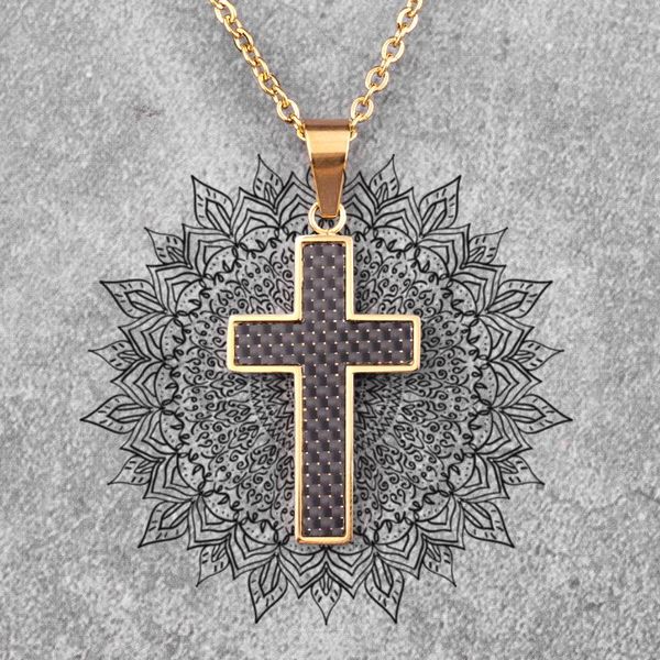 

pendant necklaces stainless steel black gold carbon fiber cross men pendants chain for boyfriend male jewelry creativity gift wholesale, Silver