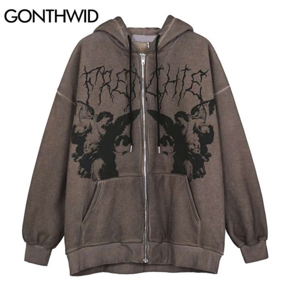 GONTHWID Fleece Giacche con cappuccio Streetwear Casual Graffiti Angelo Stampa Lettera Ricamo Harajuku Hip Hop Uomo Cappotto Top Outwear 210928