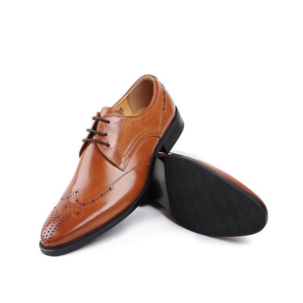 

brock carved men, leather pointed toe shoes, business formal wear lace-up derby wedding shoes trend dress, Black