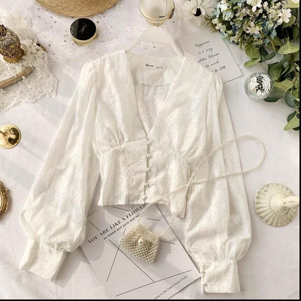 

v neck french lace womens blouses puff sleeves short crop femme 0sh55, White