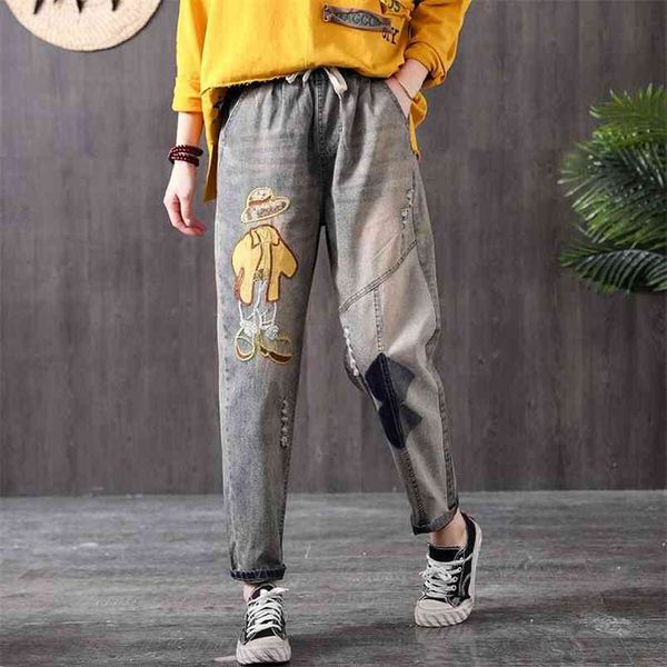 

spring arts style women elastic waist loose cotton denim harem pants patchwork cartoon embroidery jeans plus size s625 210512, Blue