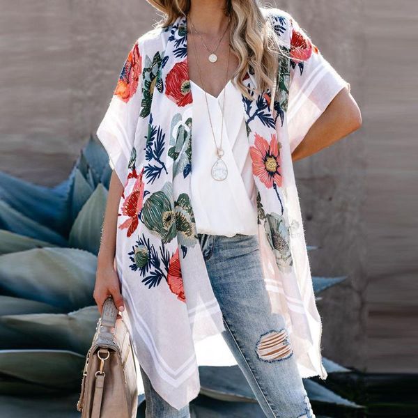 

women's swimwear bohemian printed bikini cover ups kimono dress tunic chiffon cardigan loose swim suit up, White;black