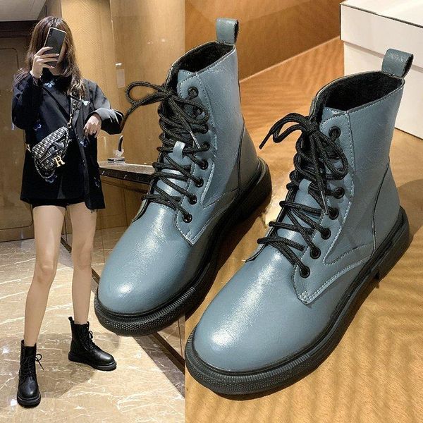 

boots 2021 winter shoes lace up ankle platform black female high casual cross-tied booties blue botas mujer 879c
