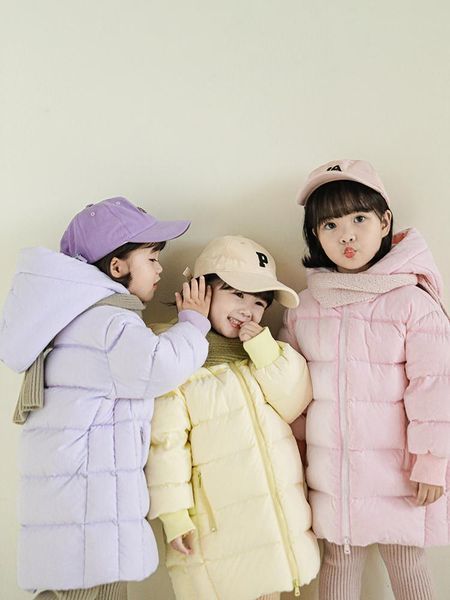 

down coat winter girls' jacket baby children solid color hooded warm windproof, Blue;gray