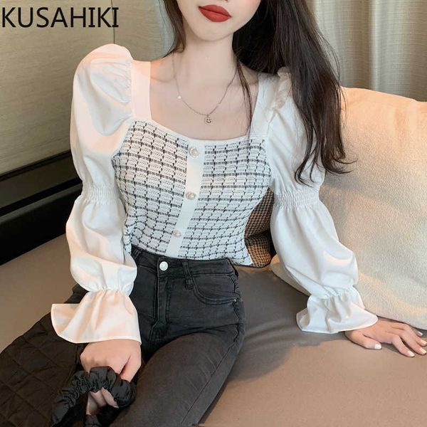 

kusahiki korean plaid patchwork women blouses puff long sleeve slim high waist short shirt blusas feminimos 6b466 210602, White