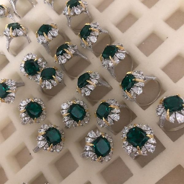 

cluster rings luxury s925 sterling silver diamond for women wedding engagement green gemstone ring fine jewelry gift ladies, Golden;silver