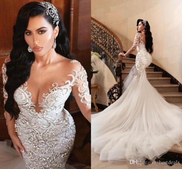 Luxuriöse arabische Meerjungfrau-Hochzeitskleider aus Dubai, glitzernde Kristalle, lange Ärmel, Brautkleider, Hofzug, Tüllrock, Robes de Mari￩e