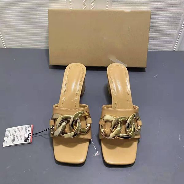 

meotina women sandals chains thick high heel sandals square toe slippers summer shoes metal decoration high heel slides 210520, Black