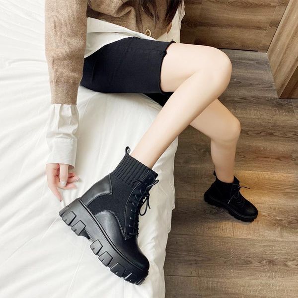 

boots and winter autumn leather style increases within flying woven small thick bottom short, Black