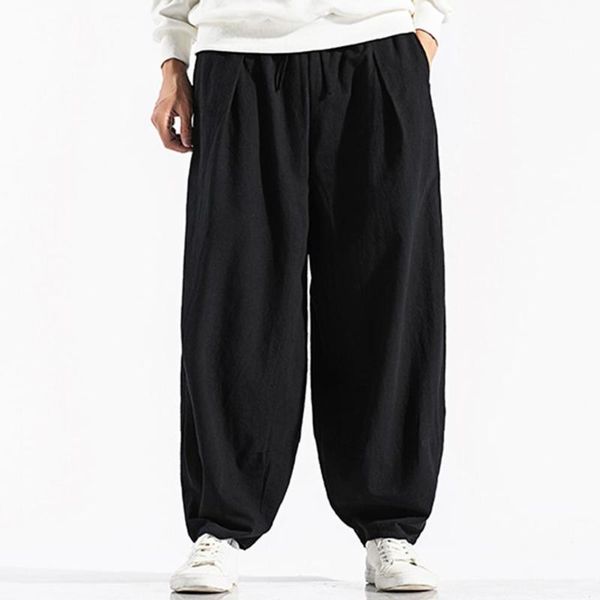 

men's pants harem solid color drawstring men mid rise pockets for daily wear, Black
