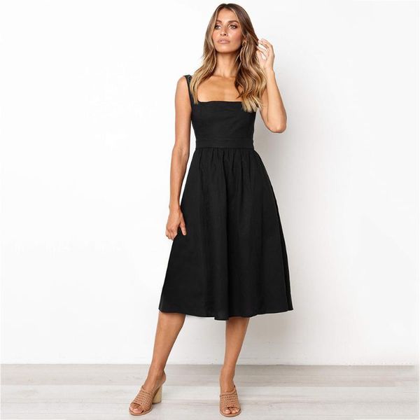 

casual dresses women's vintage solid colorwith pocket midi dress bandage women summer sommerkleider damen#g3, Black;gray