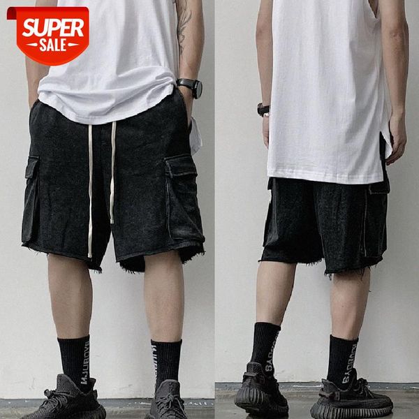 

kanye hip hop wash water to make old retro raw edge dark big pocket shorts for men and women loose five-point pants #qk6a, Black