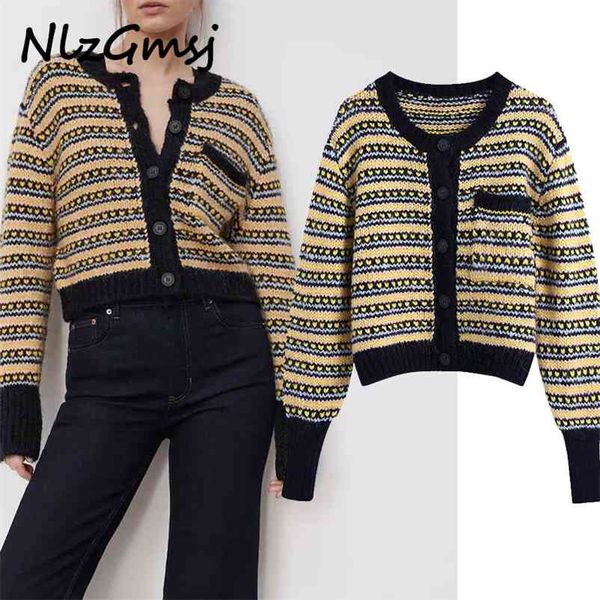 

cardigan woman striped knitted crop sweater women vintage jacquard pocket long sleeve button-down 210628, White