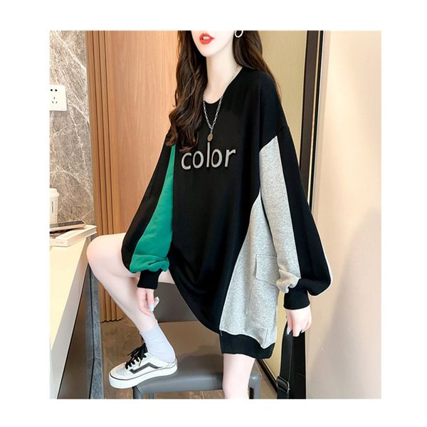

women's hoodies & sweatshirts net red girl trend coat splicing round neck long-sleeved patch pocket thin all-match spring autumn loose, Black