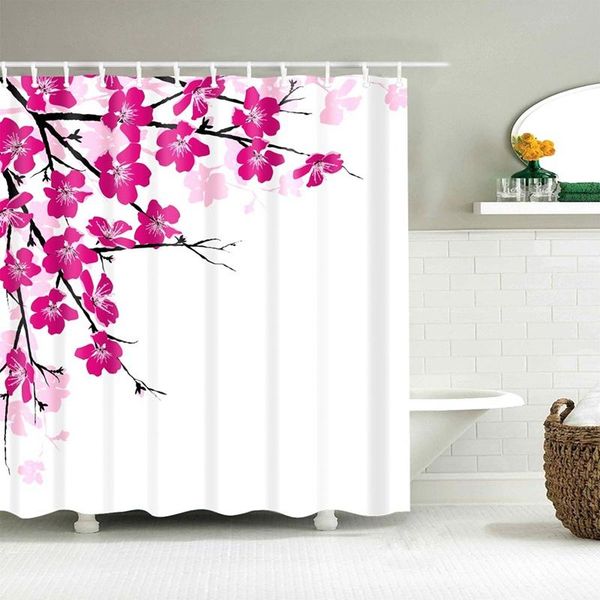 

pink floral shower curtain cherry blossom bathroom with hooks fabric sakura plum bath decorative curtains