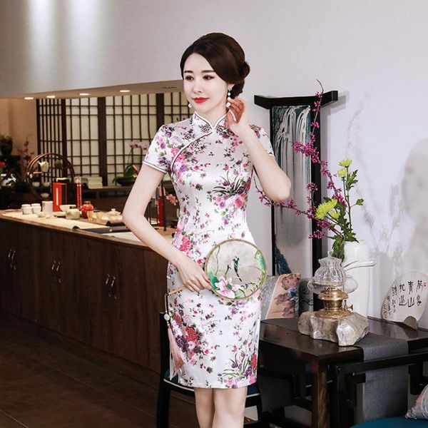 

chinese traditional dress for women elegant daily casual cheongsam short sleeve qipao print flower bride wedding ethnic clothing, Red