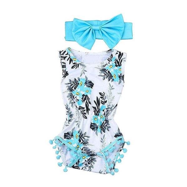 

footies born baby girls print romper headband summer bodysuit (po color, 6-12 months), Blue