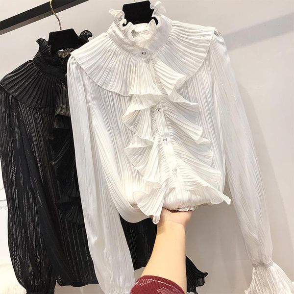 

women's blouses & shirts spring 2021 women white shirt long sleeve korean ruffles clothing streetwear slim chiffon blouse elegant