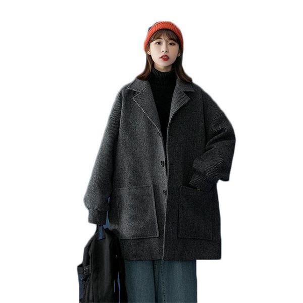 

women's wool & blends woolen coat women 2021 salt series all-match mid-length lazy style solid color single-breasted retro jacket m371, Black