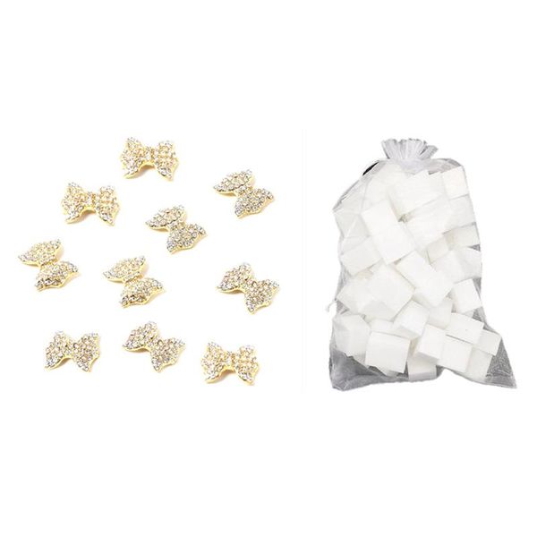

nail art kits 10pcs bow tie alloy 3d rhinestone tips slice & 60-70pcs mini file buffer sanding sponge grinding