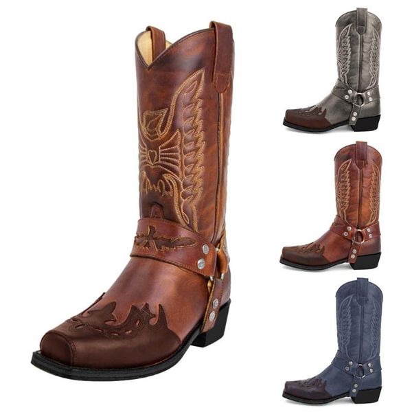 

boots 2021 classic embroidered western cowboy for women leather cowgirl low heels shoes knee high woman dames##g, Black