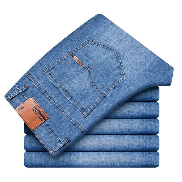 

men's jeans 2021 summer loose straight leg lightweight brand stretch classic pocket youth fashion casual thin denim, Blue