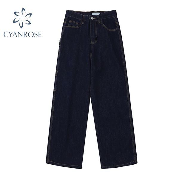 Pantaloni in denim larghi Donna Design cucito Jeans a gamba larga retrò Streetwear Relax Pantaloni blu scuro marea dritti giapponesi BF 210417