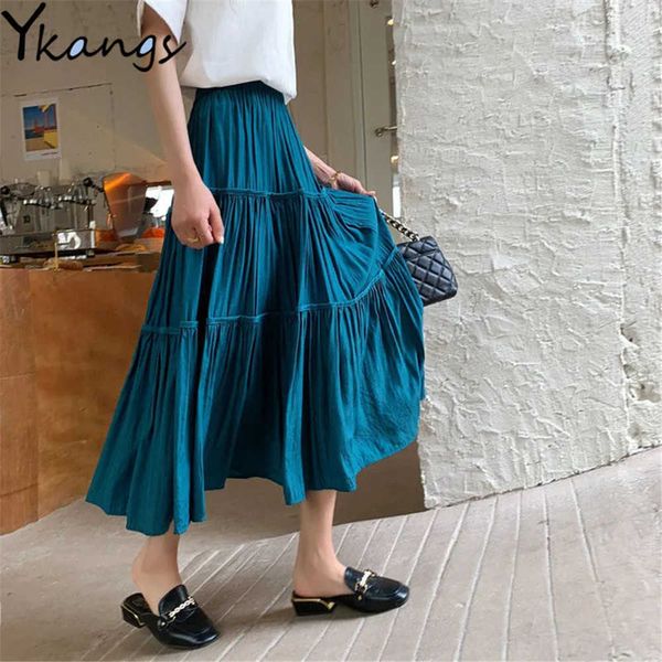 Bohemian Solid Black Long Swing Skirt Holiday Women Elastico a vita alta con cuciture a pieghe Gonne da spiaggia Maxi gonna bianca coreana 210619