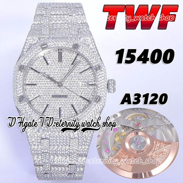 

2022 twf v2 15400 a3120 automatic mens watch paved diamond dial fully iced out stainless steel side with diamonds bracelet eternity super ve, Slivery;brown