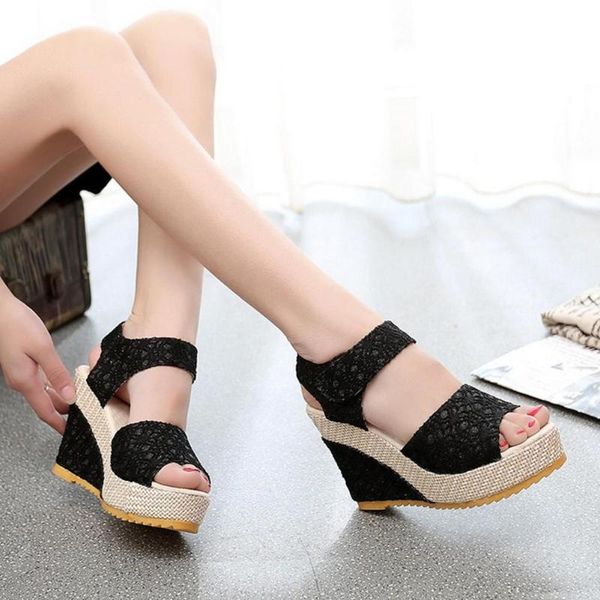 

sandals ladies slippers bohemian lace-up casual open-toed wedge floral shape summer beach flip flops women flat shoes vacation, Black