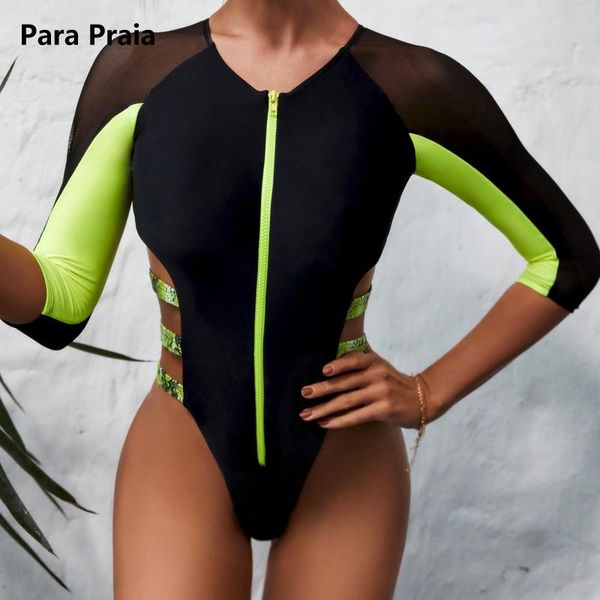 

para praia 2021 sports long sleeve women swimwear one piece swimsuit patchwork monokini cut out bodysuit zipper bathing suit one-piece suits