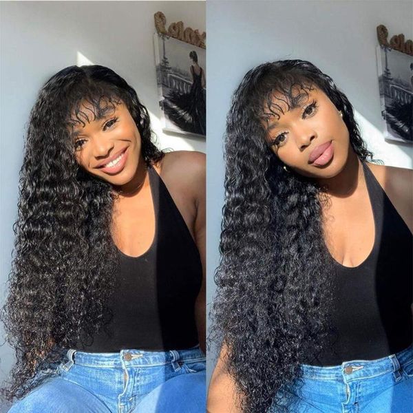 

hair bulks glueless water wave peruvian human with bangs full machine made for black women 10-28 inches fast