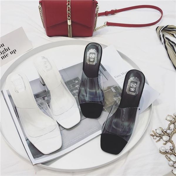 

shoes women flock slippers heels square heel slides fashion pantofle soft high block summer transparent flat luxury 2021 fretwo, Black