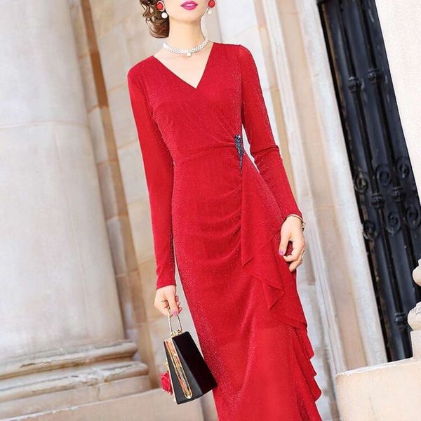 

dress women's noble v-neck bright silk ruffle slim wrap hip skirt, Black;gray