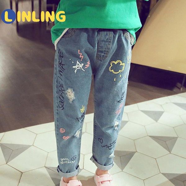 

girls jeans korean style letter children's clothing 3-12y spring autumn kids pants loose hole denim p107, Blue