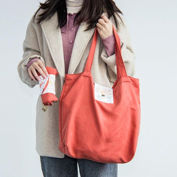 

large capacity women suede tote bag chinese style printing foldable shoulder bags for school shopping washable casual handbag