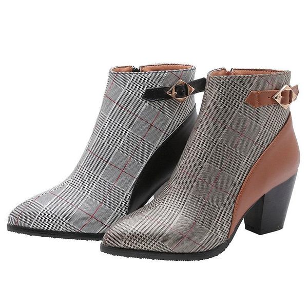 

boots 2021 ankle for women gingham square high heel short autumn winter fashion pointed toe zipper shoes, Black