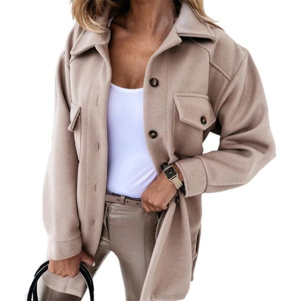 

women's wool & blends turn-down collar women coat single breasted autumn winter flap pockets warm woolen outerwear, Black