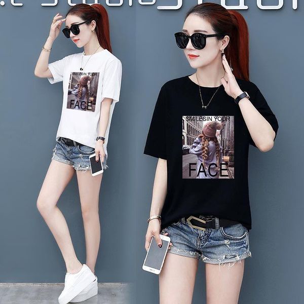 

women's t-shirt cotton short-sleeved 2021 summer loose printed all-matching western style shirt graphic t shirts, White