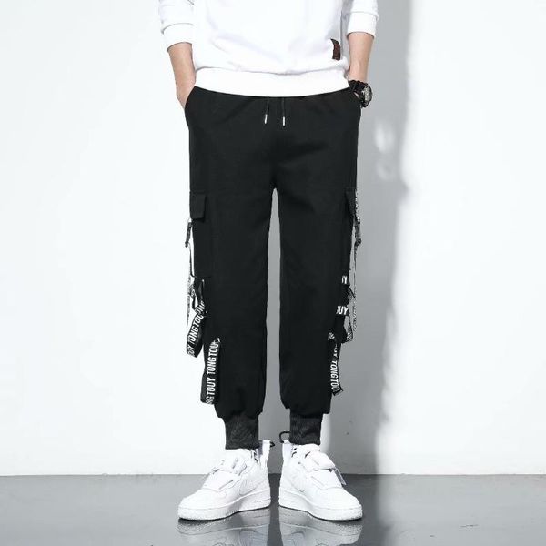 

streetwear men's pants trend harajuku fashion joggers men trousers ribbons cargo pant casual clothing elastic waist, Black