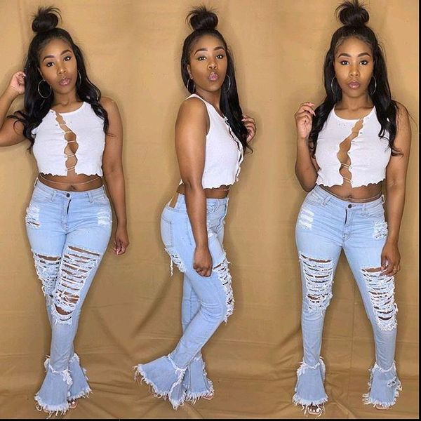 

fashion women jean jeans holes ripped tassel ruffles bell bottom long high waist tight flare pants girls, Blue