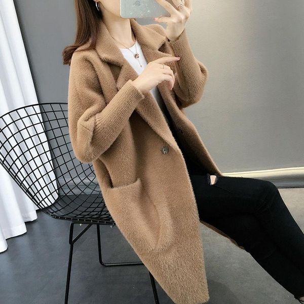 

women mink faux fur coat solid female turn down collar winter warm fake lady casual jacket women's wool & blends, Black