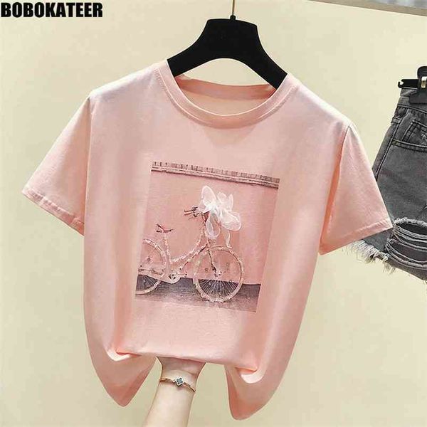 

short sleeve t shirt women kawaii clothes pink casual summer female tshirt white korean fashion beading tee thin 210623