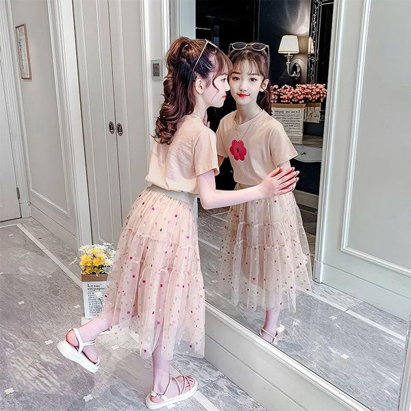 

clothing sets girls 2021 summer fashion party dress flower print short sleeve t-shirt + mesh tutu skirts 2 piece suits j14, White