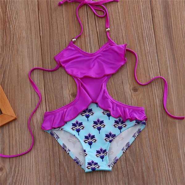 

pattern children's new summer purple fresh bandage floral swimsuit, White;black