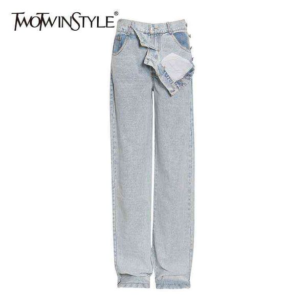 

twotwinstyle casual denim pants for women high waist pocket streetwear loose wide leg jeans female fall fashion 211129, Blue