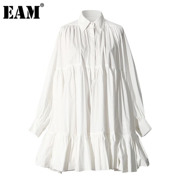 

[eam] women white ruffles elegant big hem shirt dress lapel long sleeve loose fit fashion spring autumn 1dd5928 210512, Black;gray