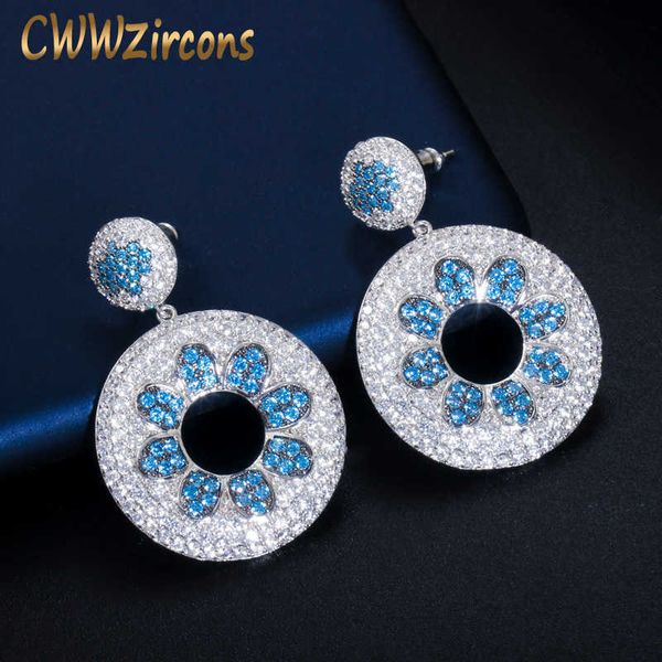 Brilhante luz azul zircônia zircônia pedra designer flor rodada dangle brindes para mulheres chic party jóias cz800 210714